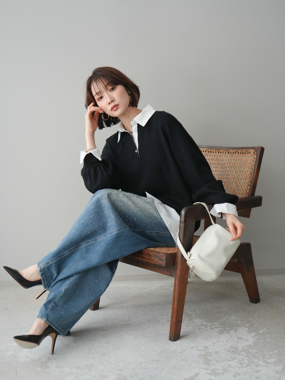 [予約]シャツドッキングオーバーニットプルオーバー/blackoff