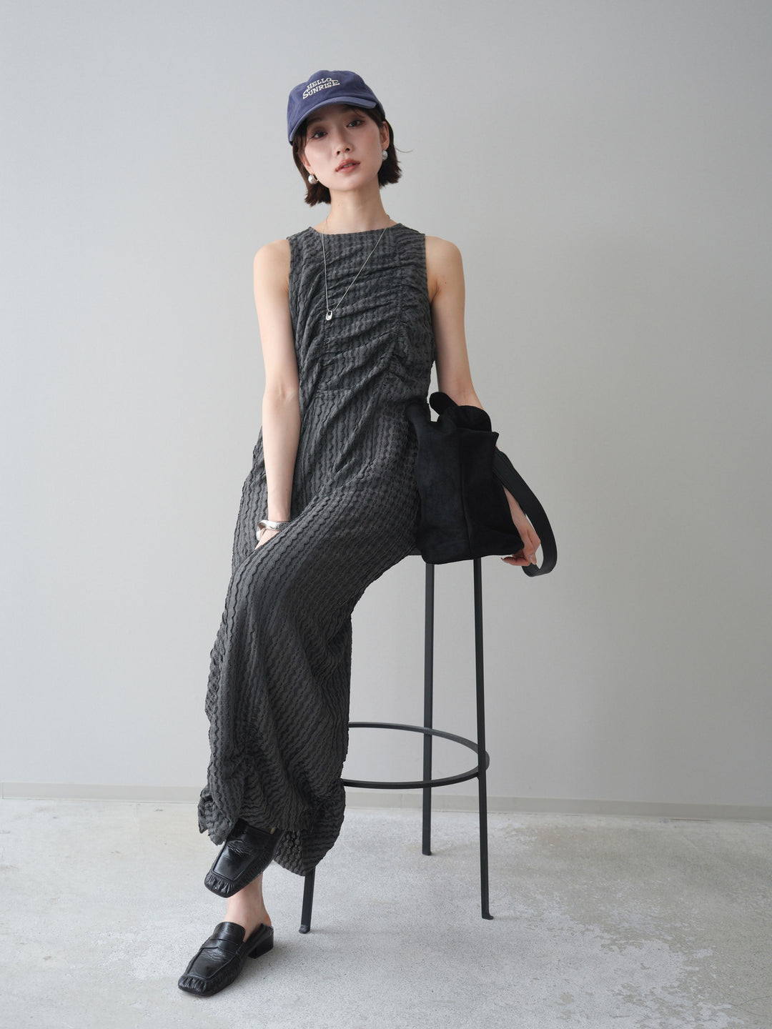 [予約]シャーリングジャガードノースリーブワンピース/gray