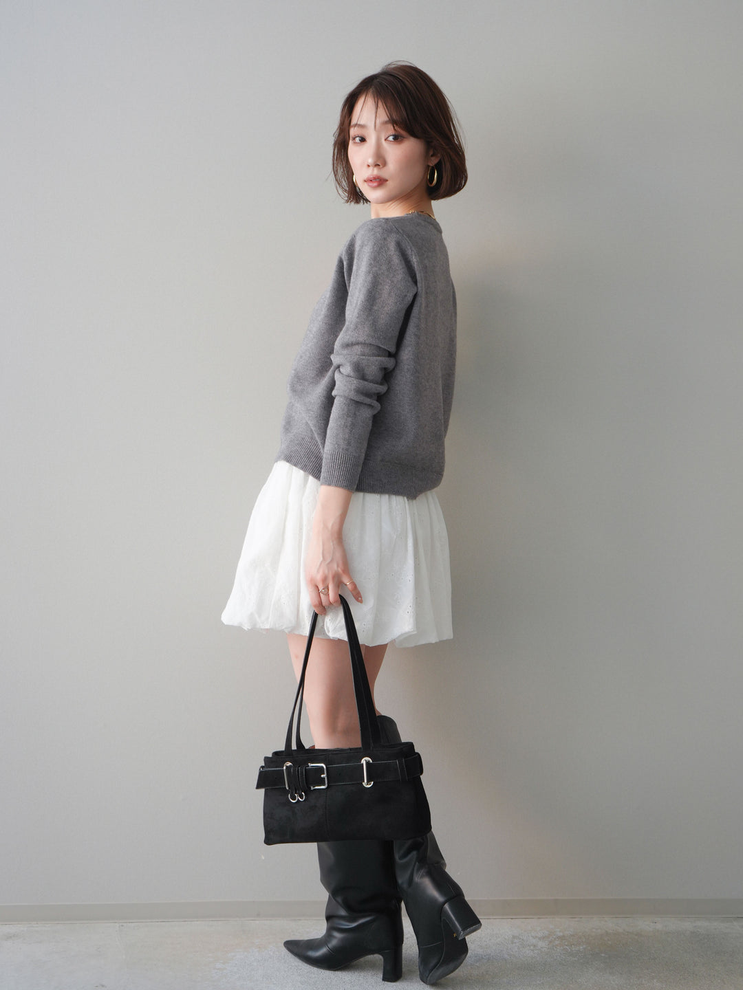 [SET]ハートボタンニットカーディガン+コットンライクレースバルーンミニスカート(2set)