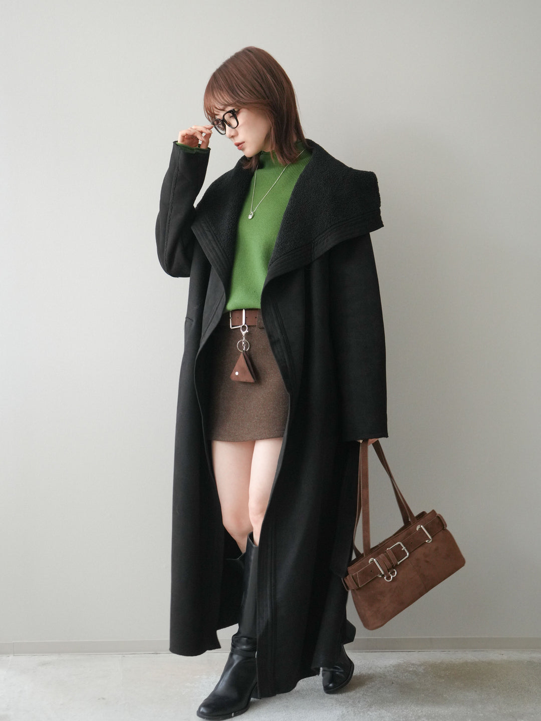 [予約]ウールタッチベルト付ミニスカート/brown