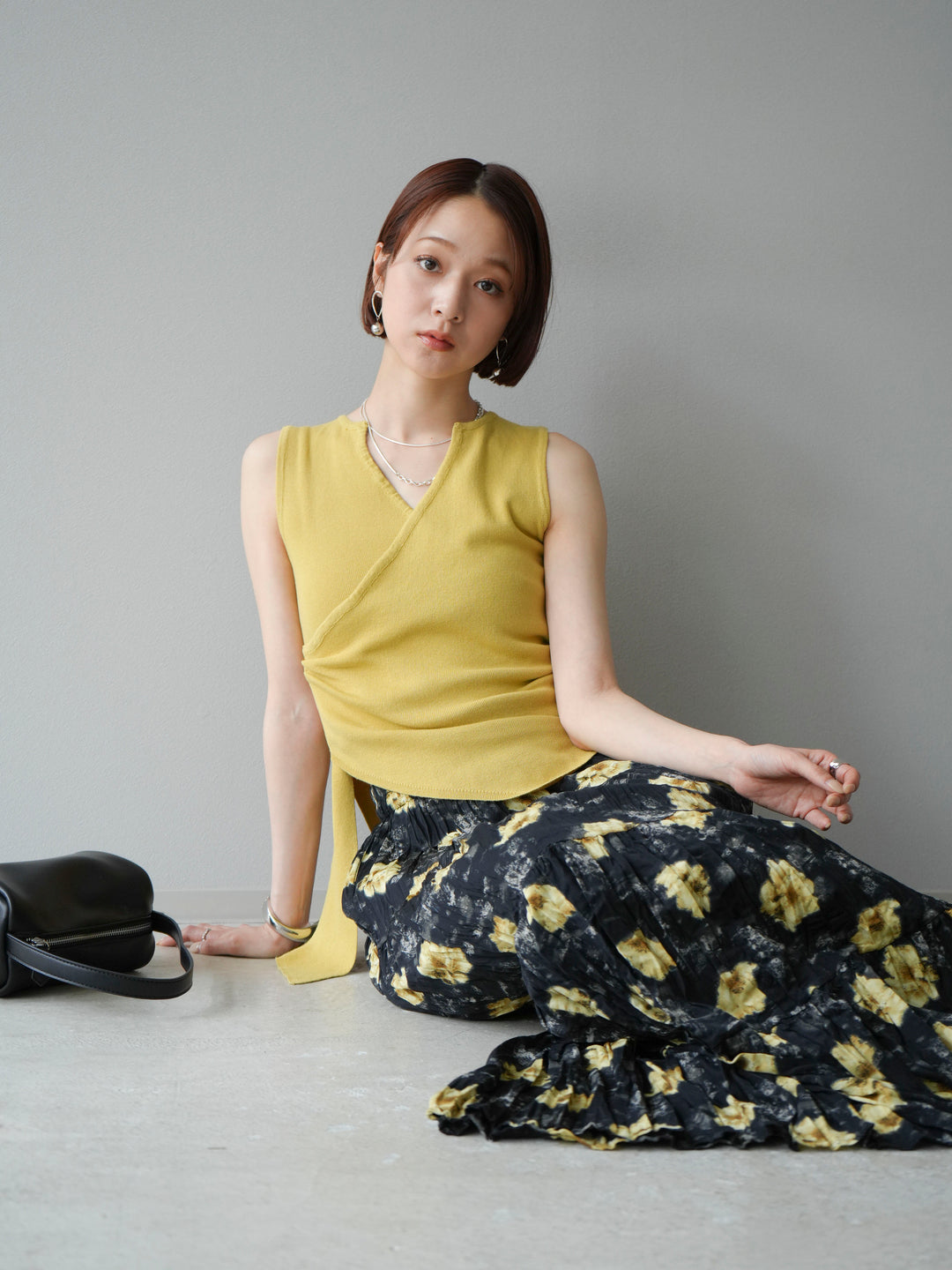 [SET]カシュクールノースリーブニットトップス+フラワーワッシャーロングスカート(2set)