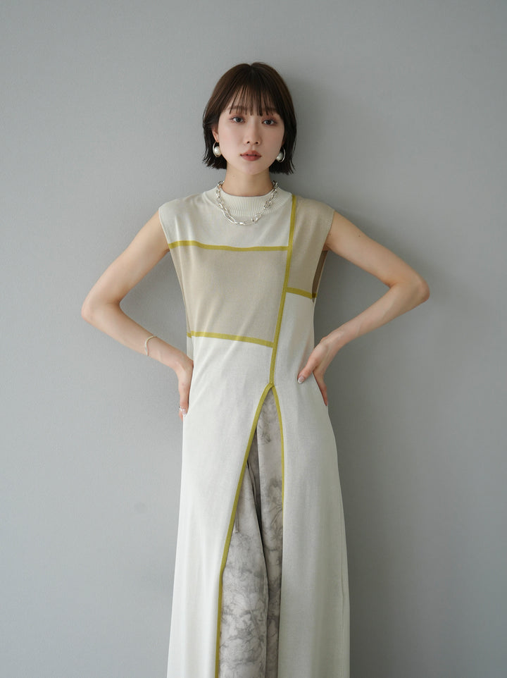 [SET] Bicolor slit summer knit dress + nuance print washer easy pants (2set)
