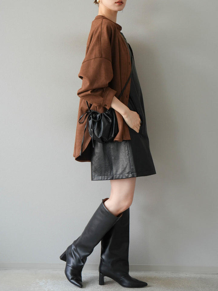 [SET] 麂皮立領外套襯衫 + 附單肩包皮革迷你連身裙（2 套）