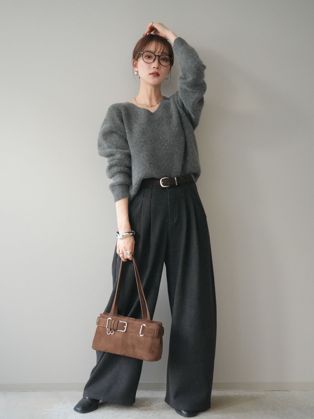 [予約]アニマル柄ベルト付きウールタッチワイドパンツ/charcoal