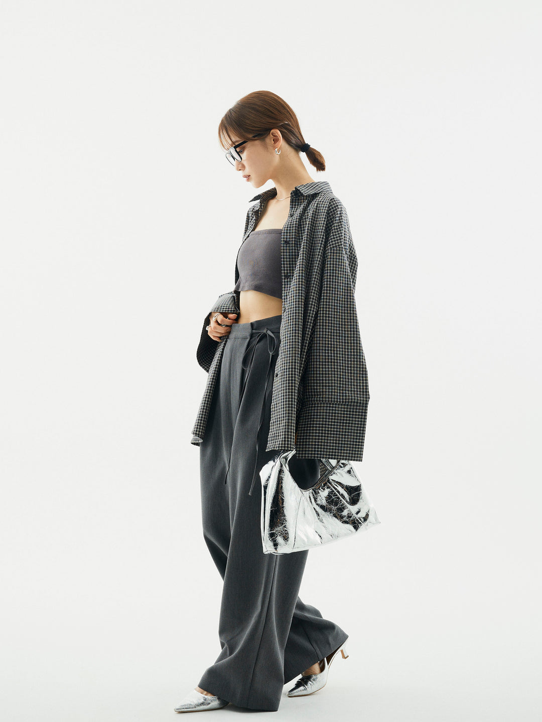 【Allure】[SET]チェックBIGカフスオーバーシャツ+ラップデザインタックワイドパンツ(2set)