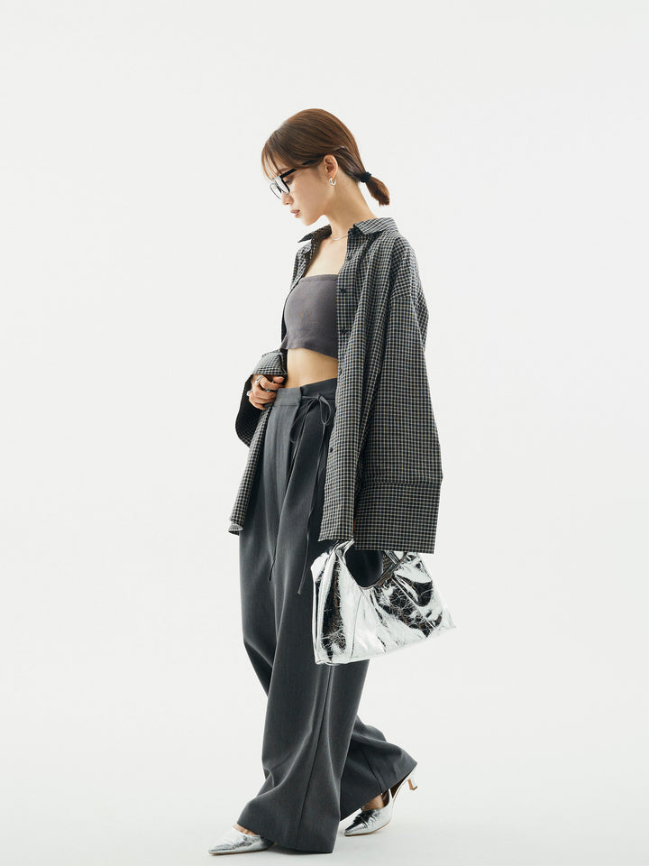 【Allure】[SET]チェックBIGカフスオーバーシャツ+ラップデザインタックワイドパンツ(2set)