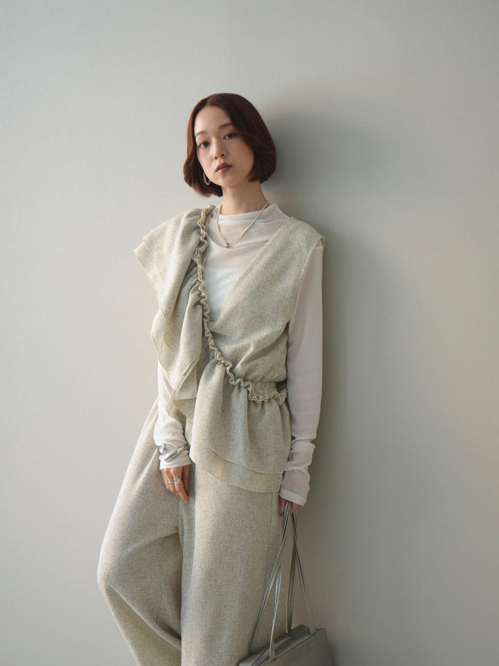 [SET]3WAYミックスツイードギャザーオールインワン+シアープチネックストレッチトップス(2set)