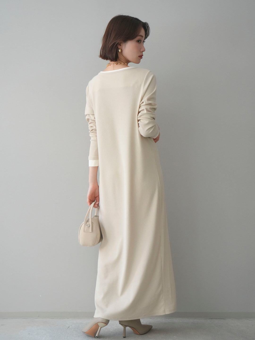 [予約]配色レイヤードヘンリーネックカットリブワンピース/ivory