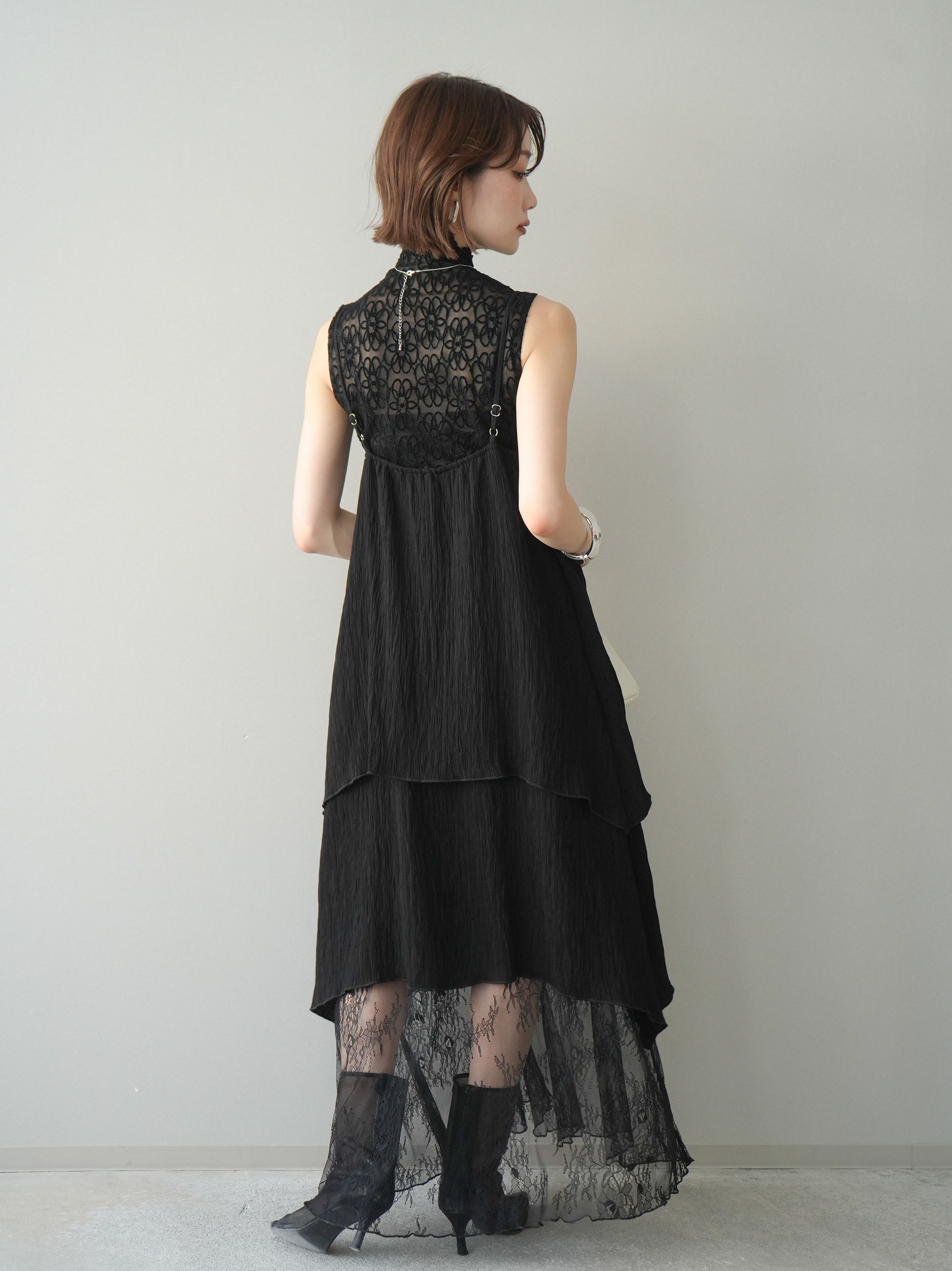美品noir kei ninomiya ジャガード 花柄 レース切替 ワンピース SET]レース切替アシンメトリーワンピース+ノースリーブプチネック