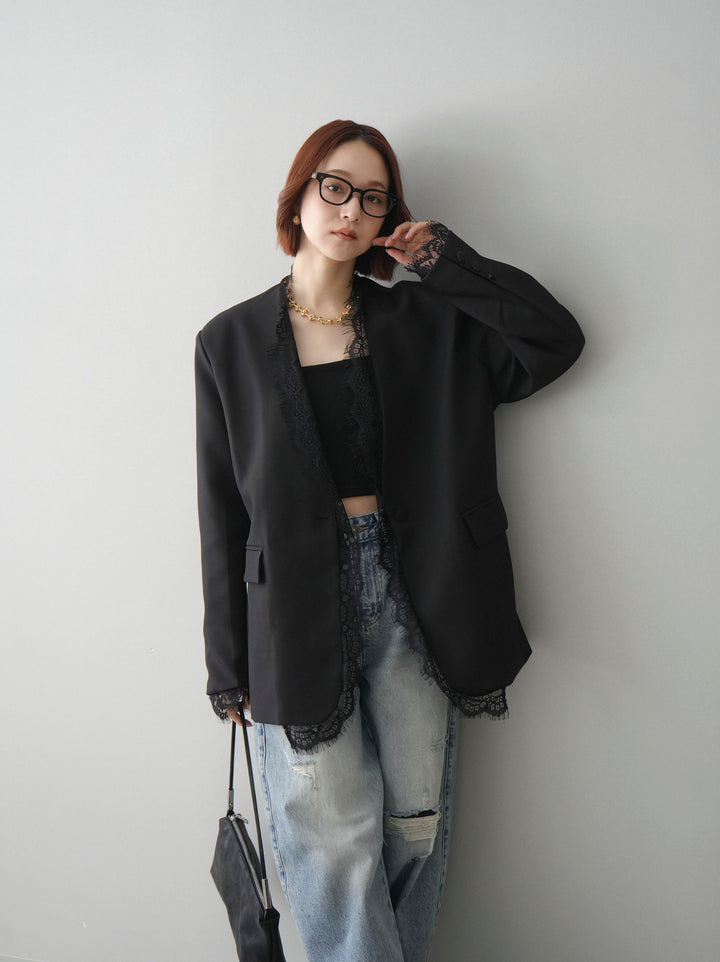 [SET]ノーカラーレースジャケット+カップ付テレコリブベアキャミソール(2set)