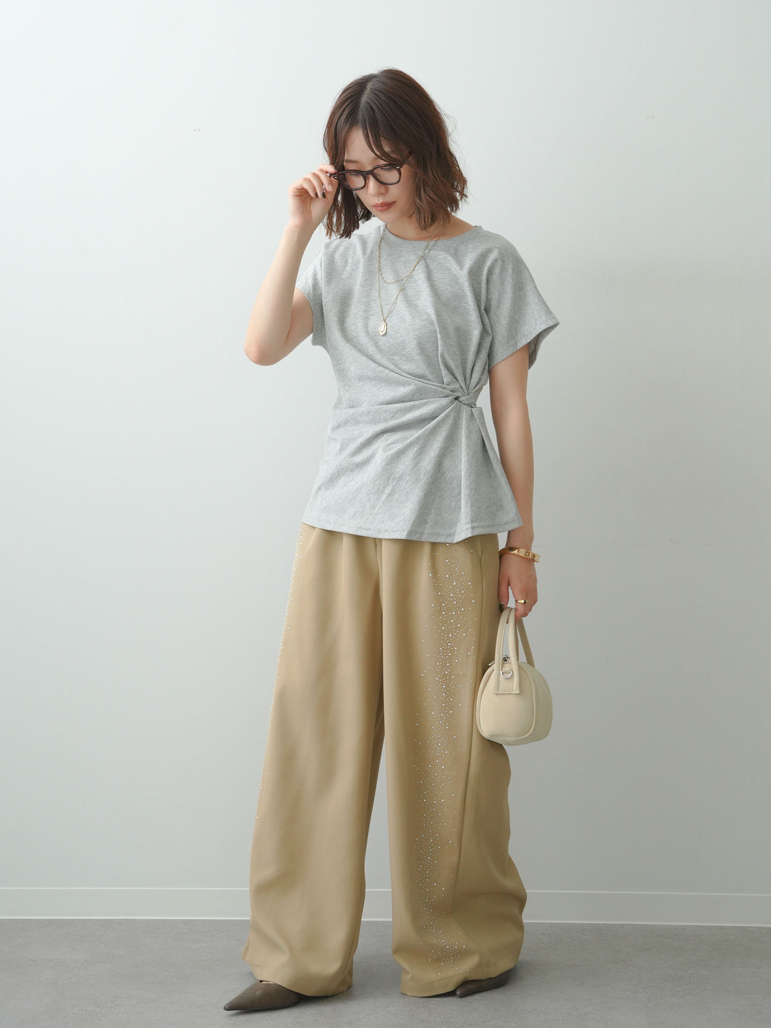 [SET]サイドノットTEE+ポーチベルト付サイドビジュータックワイドパンツ(2set)