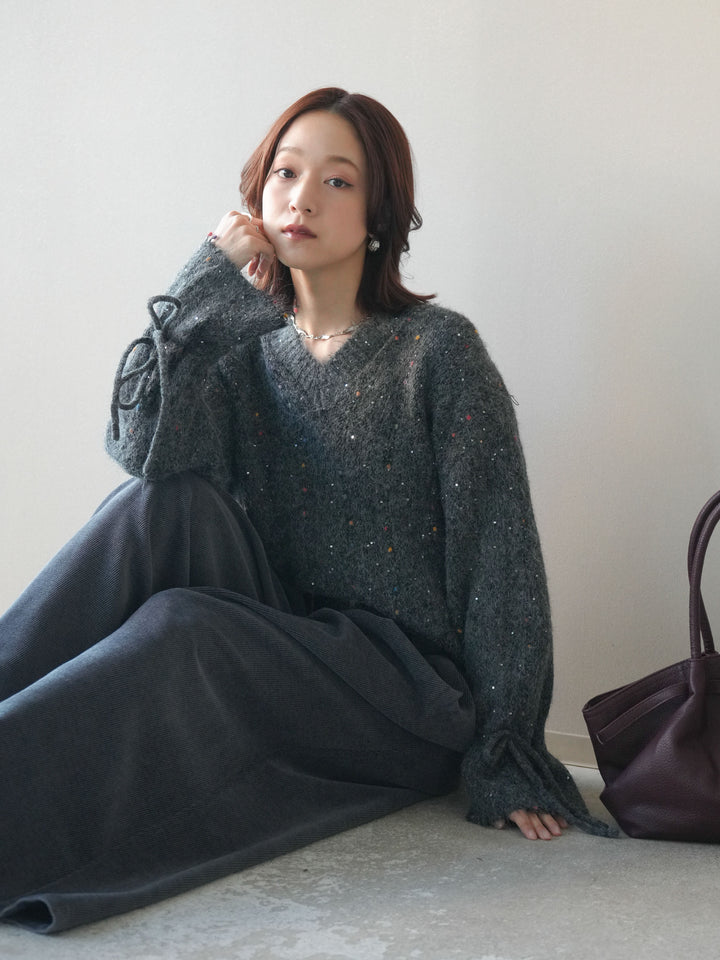 [SET]キャンディースリーブカラーネップスパンコールニットプルオーバー+ベルトデザインループコールテンワイドパンツ(ベルト付き)(2set)