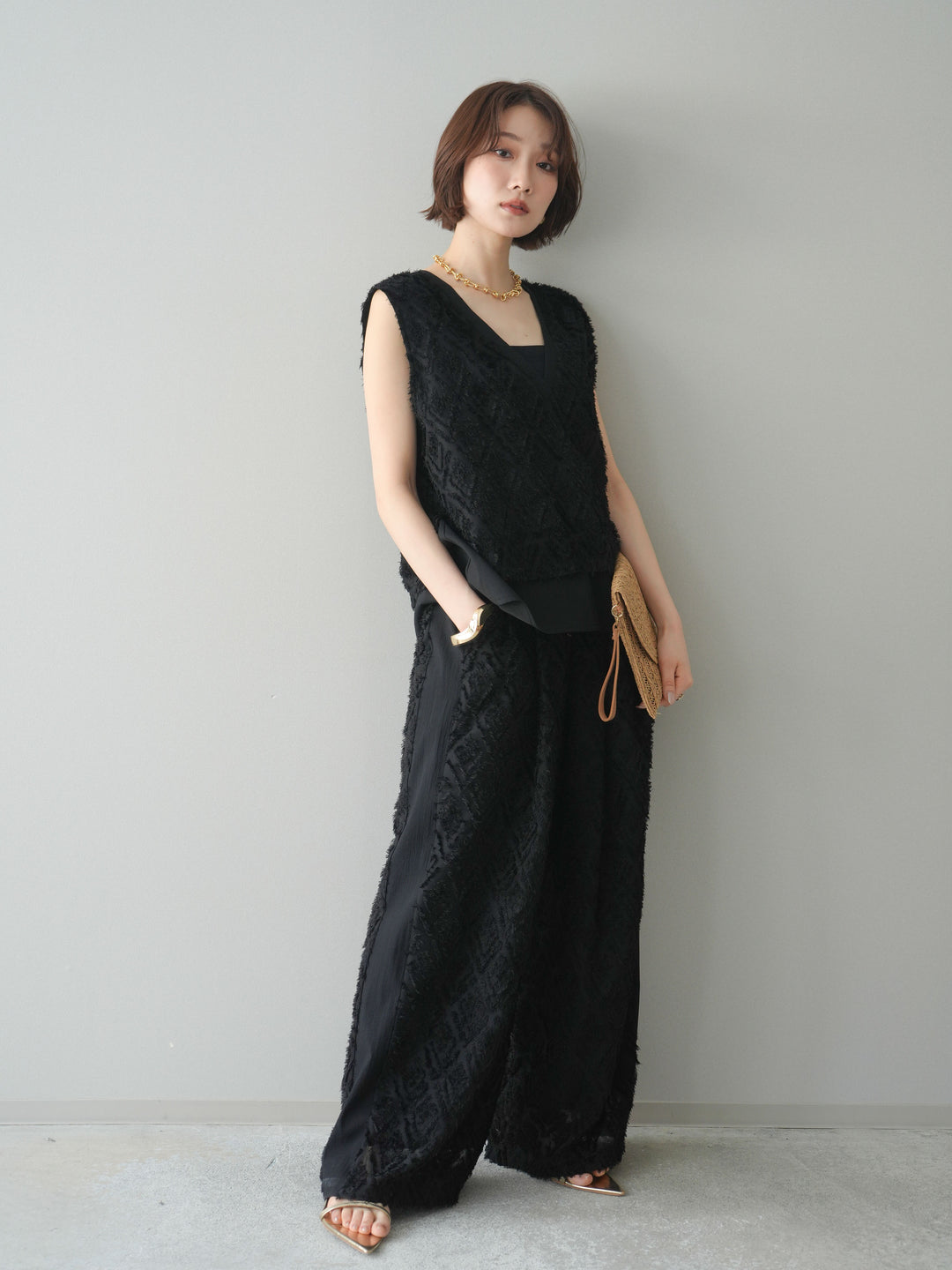 [SET]フリンジレイヤードVネックノースリーブ+フリンジイージーストレートパンツ(2set)