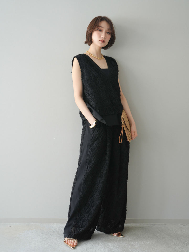 [SET]フリンジレイヤードVネックノースリーブ+フリンジイージーストレートパンツ(2set)