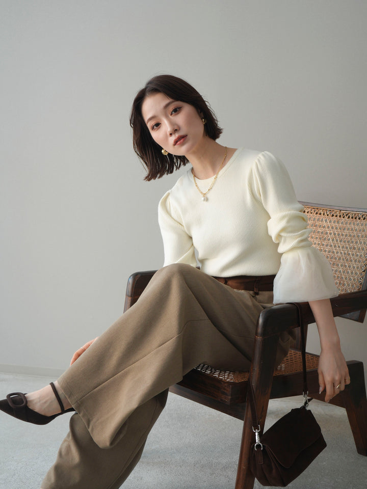 [SET]袖チュールパワショルリブニットトップス+サテンベルトタックワイドパンツ(2set)