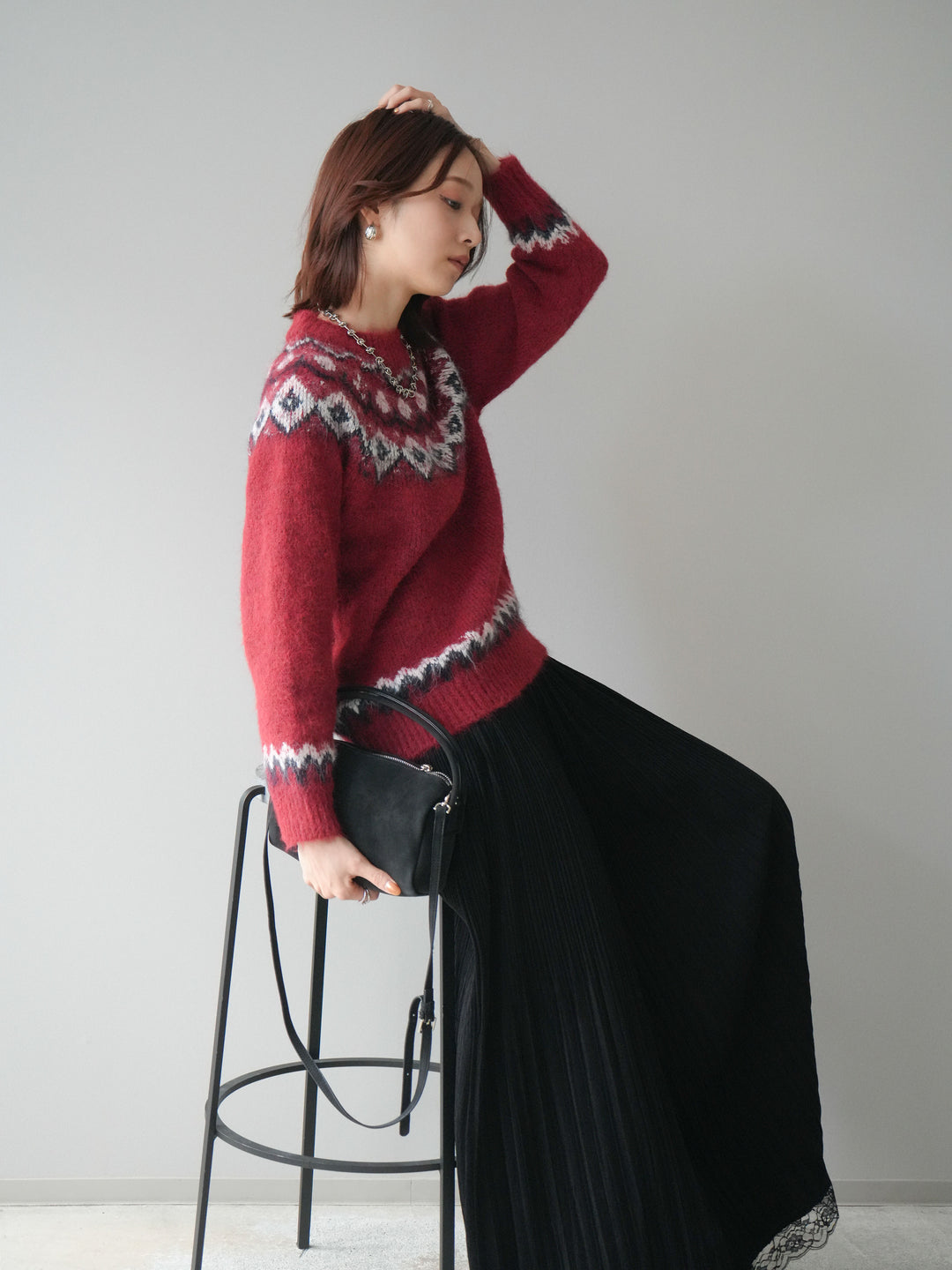 [SET]ソフトタッチ求心柄ニットプルオーバー+裾レーススウェードプリーツマキシスカート(2set)