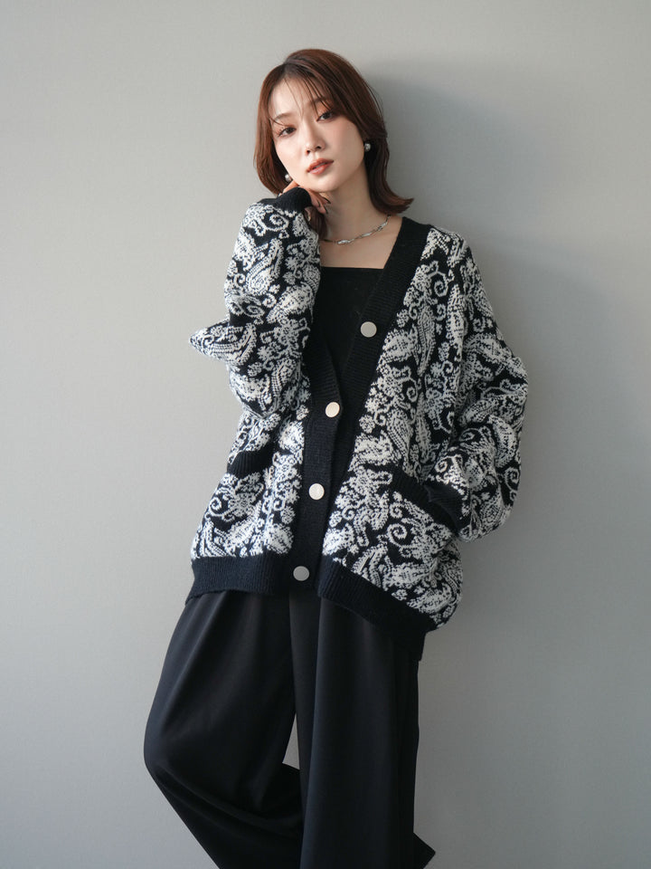 [予約]ペイズリー柄ニットカーディガン/black