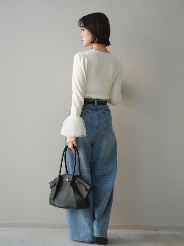 [SET]袖チュールパワショルリブニットトップス+ハイウエストベルトループデザインデニムパンツ(2set)