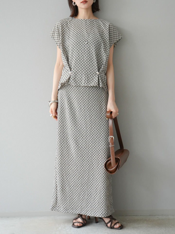 [予約]チェック柄タックデザインフレンチスリーブトップス/ブラウン