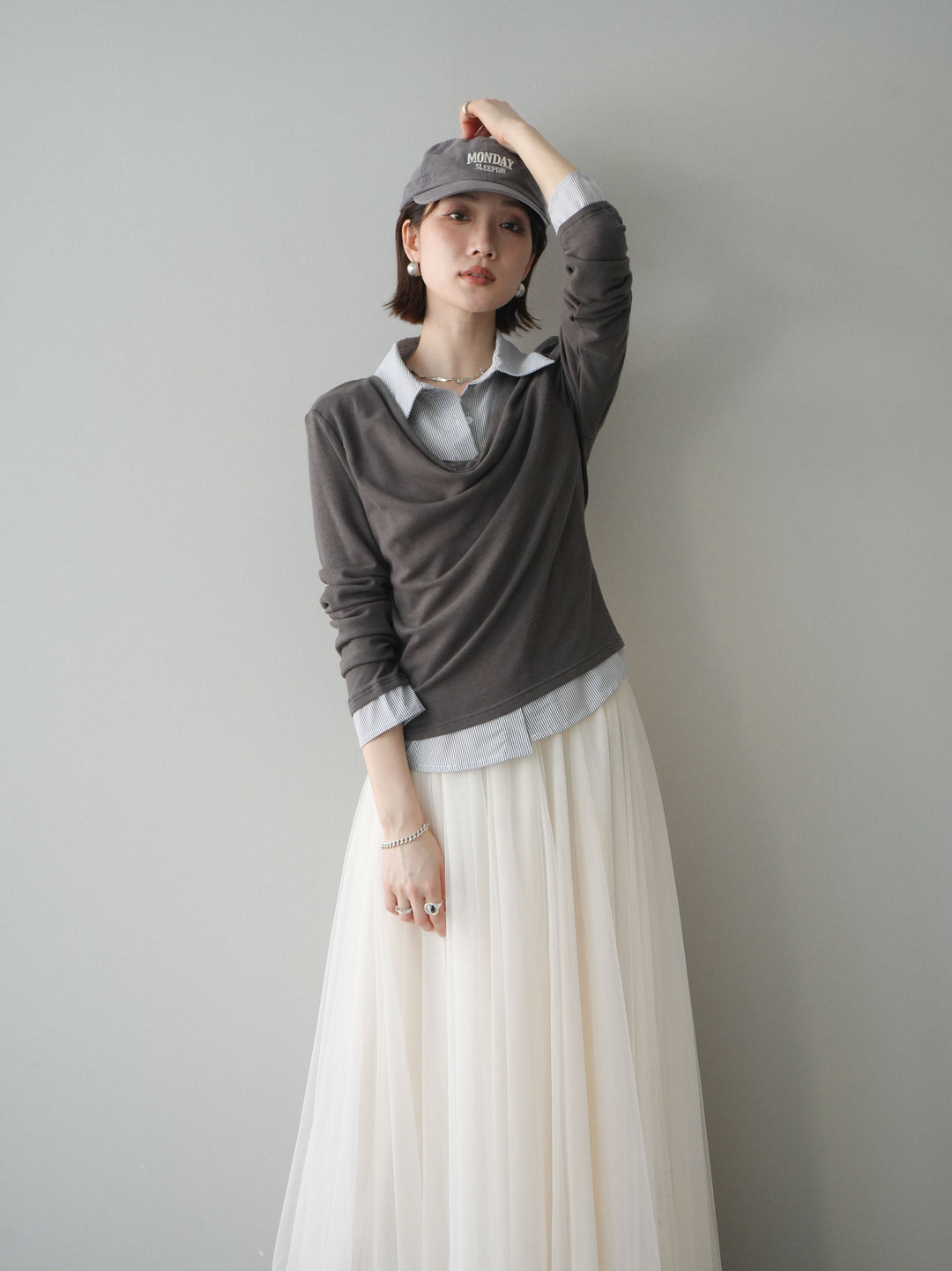 [予約]ストライプドッキングシャツドレープカットソー/charcoal