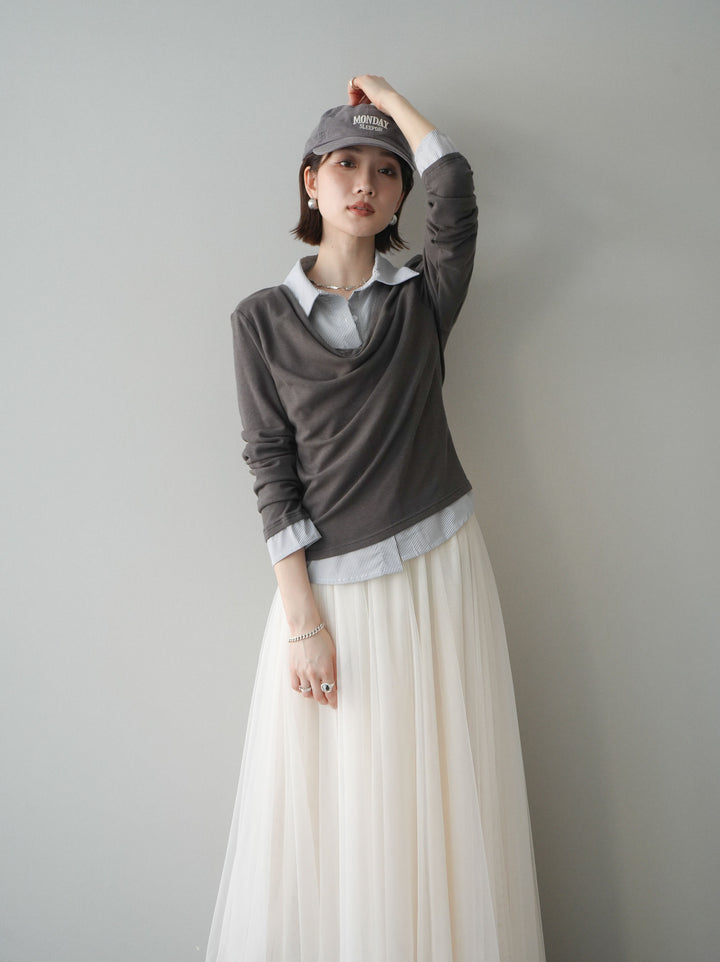 [予約]ストライプドッキングシャツドレープカットソー/charcoal
