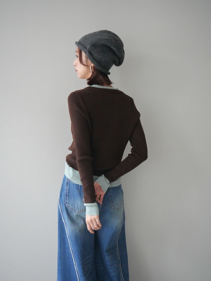 [SET]Uネック配色レイヤードリブニットトップス+サイドフリンジワイドデニムパンツ(2set)