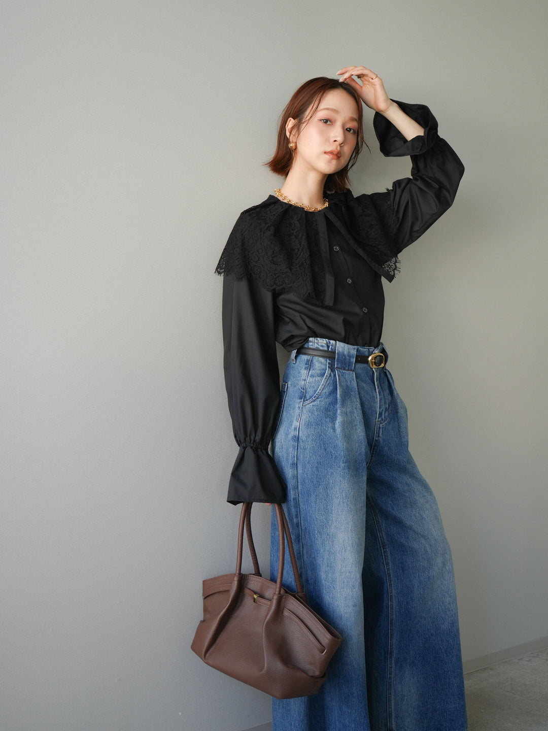 [予約]ビッグレースカラーブラウス/black