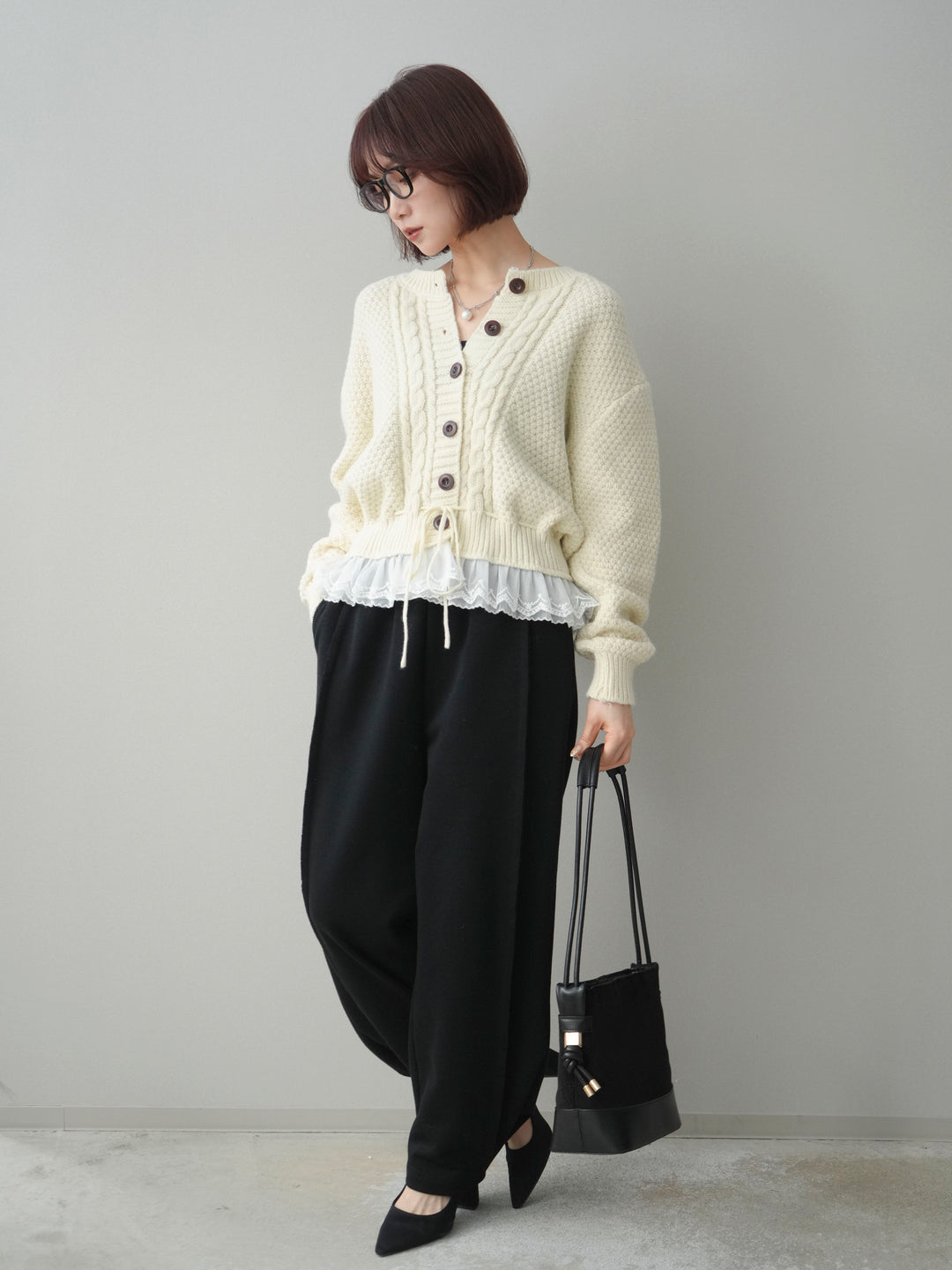 [SET]裾レースケーブルニットカーディガン+2WAYデザインスウェットパンツ(2set)