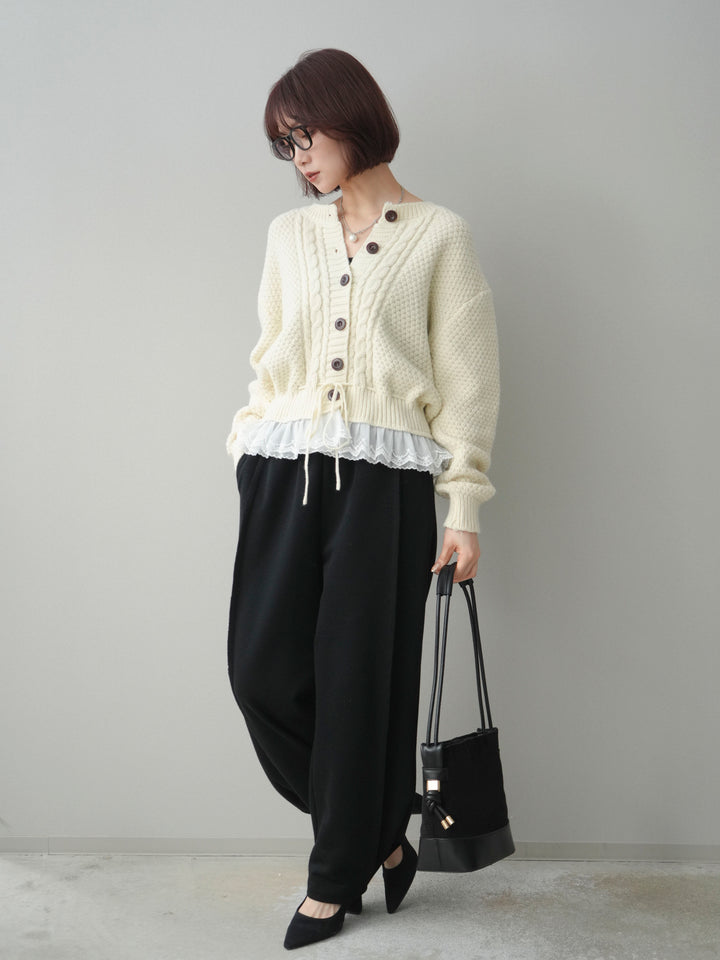 [SET]裾レースケーブルニットカーディガン+2WAYデザインスウェットパンツ(2set)