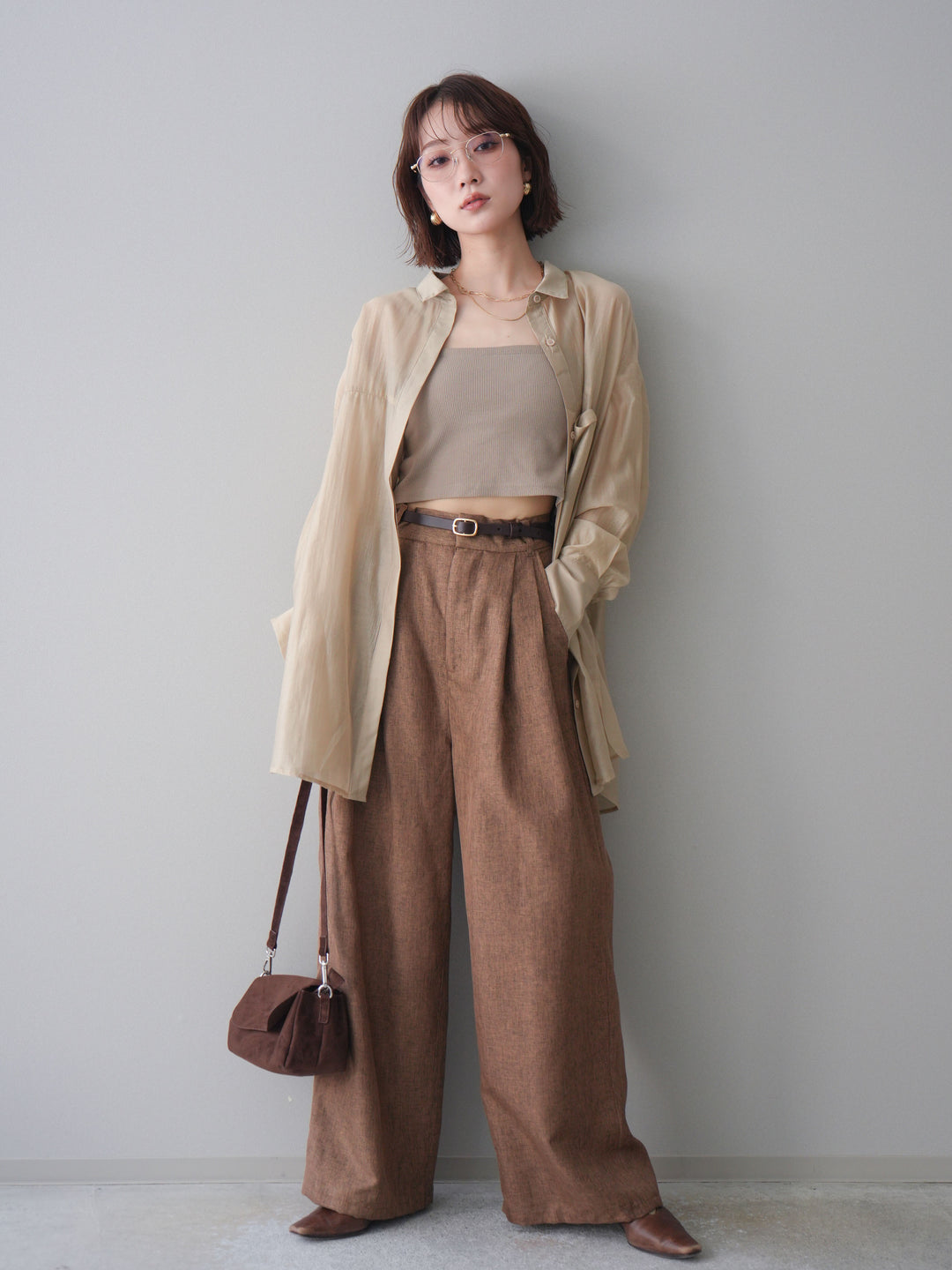 [予約]リネンライクタックワイドパンツ/brown