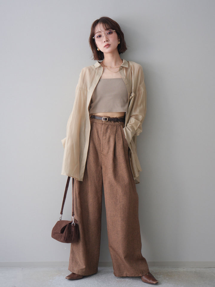 [予約]リネンライクタックワイドパンツ/brown