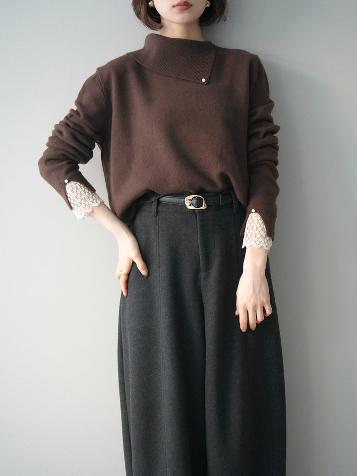 [SET]袖レースパール付き配色ニットトップス+ウールタッチカーブパンツ(2set)