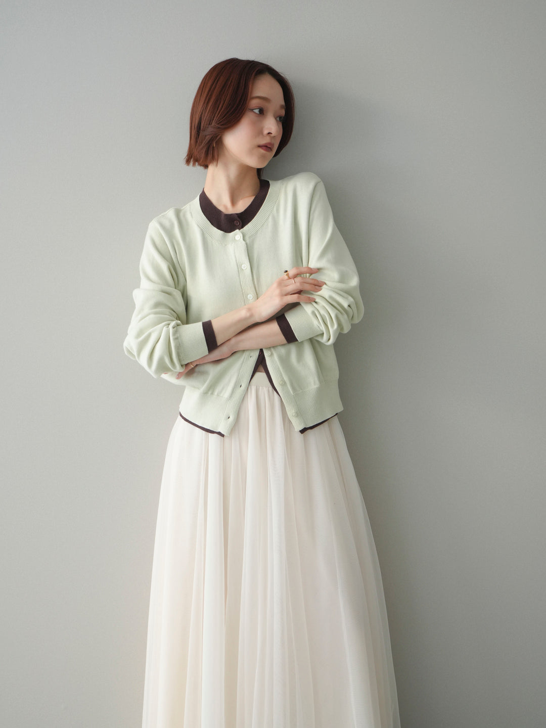 [予約]配色レイヤードコットンアクリルニットカーディガン/mint