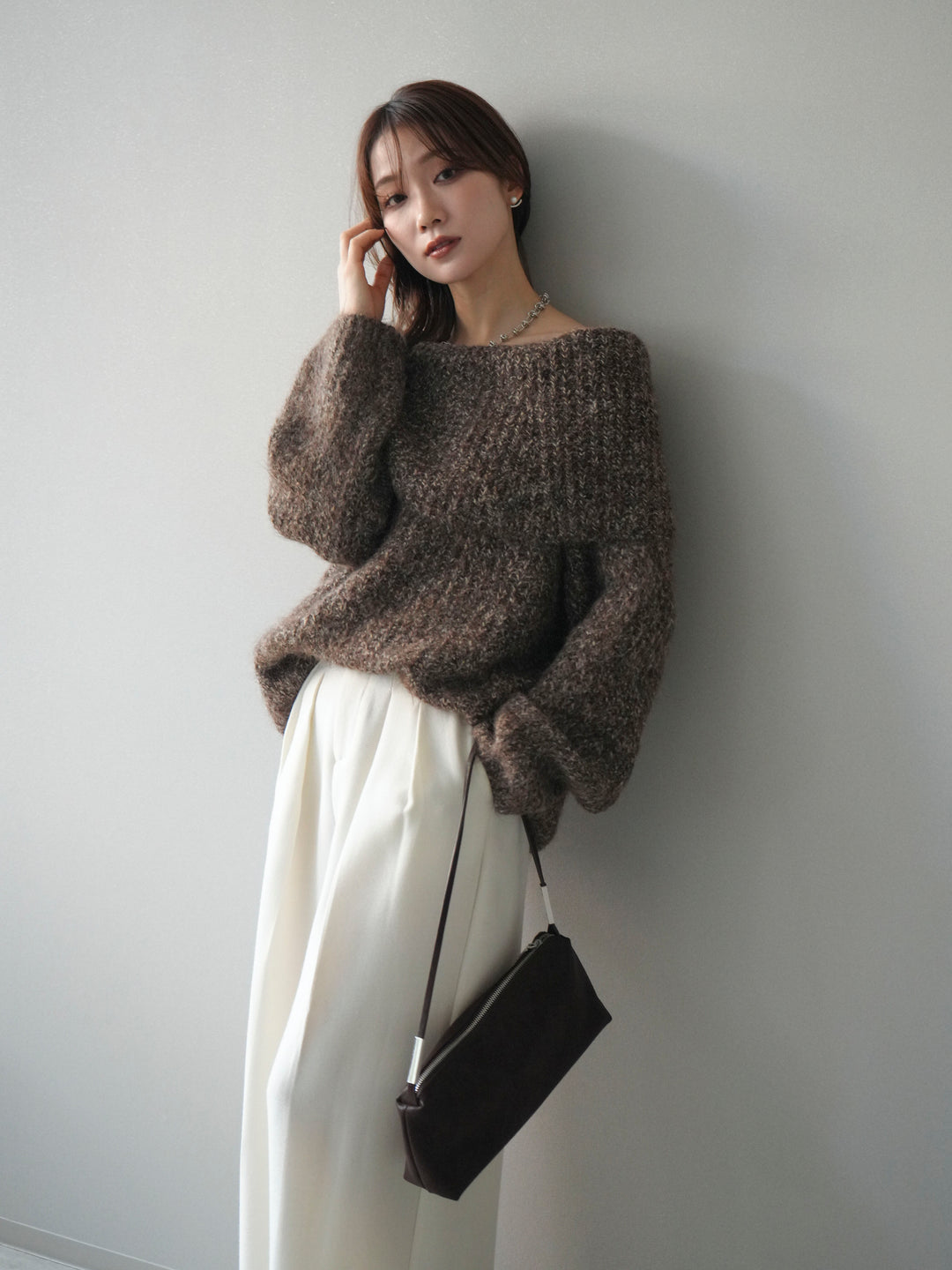 [予約]オフショルミックスニットプルオーバー/brown