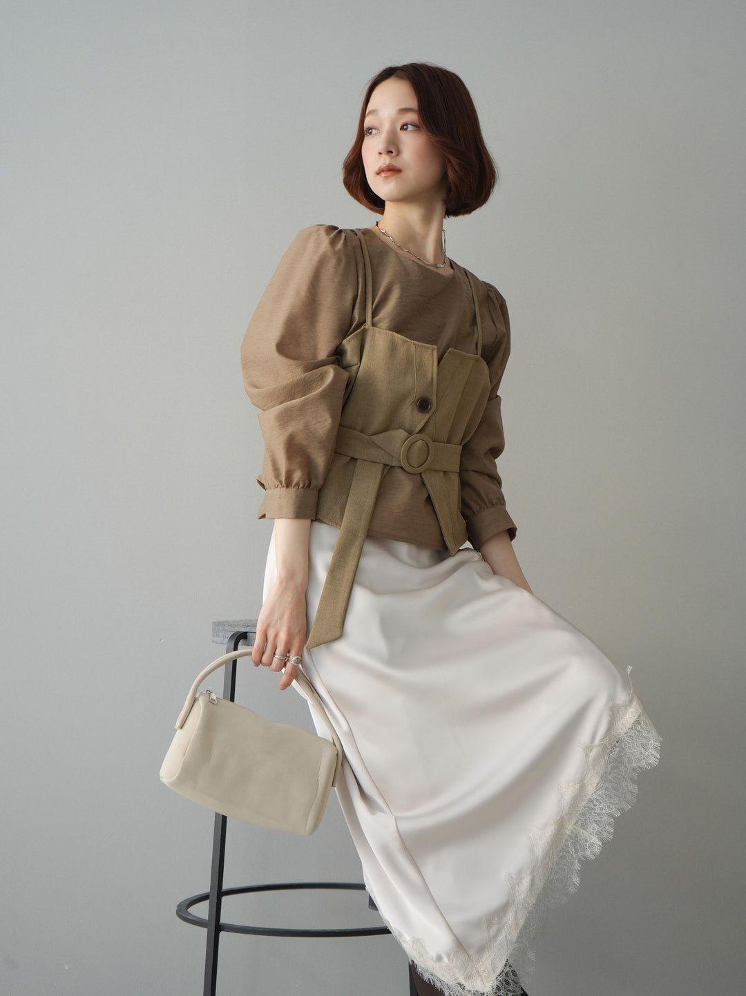 [SET]異素材ビスチェドッキングブラウス+センターシームフレアパンツ(2set)