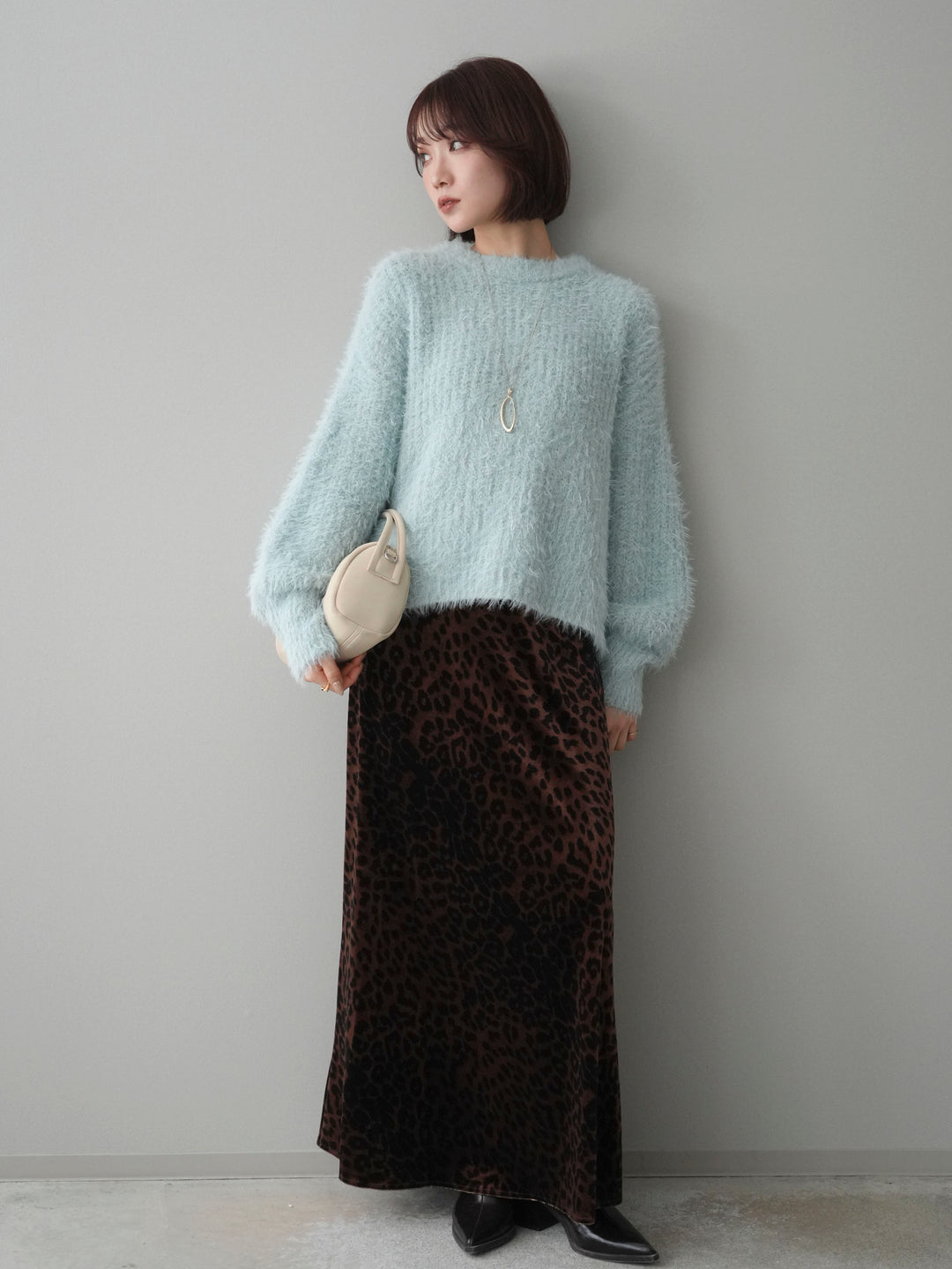 [SET]ボリュームスリーブシャギー MIXニットプルオーバー+レオパードベロアナロースカート(2set)