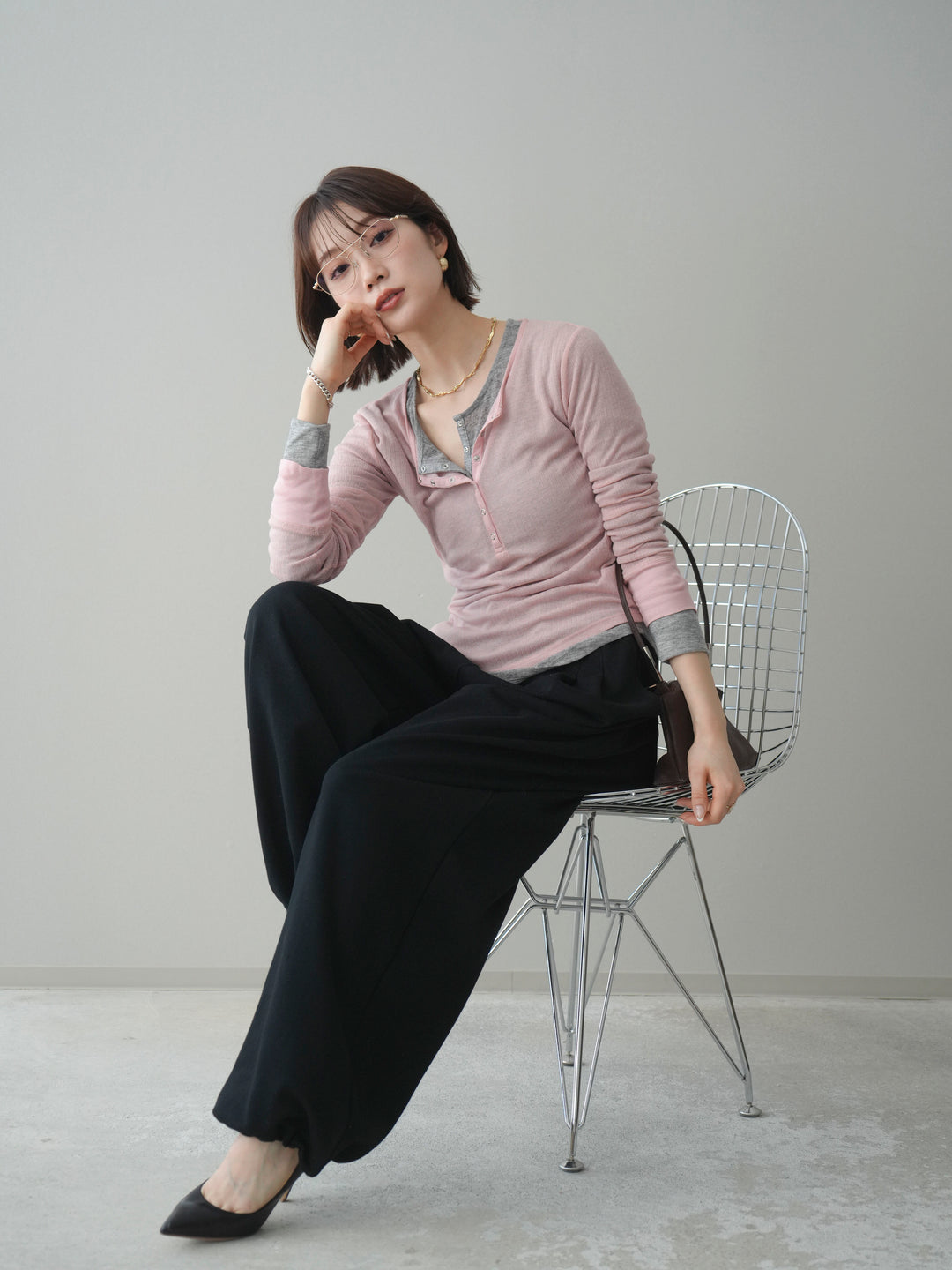 [予約]シアーリブヘンリーネックロンT/pink