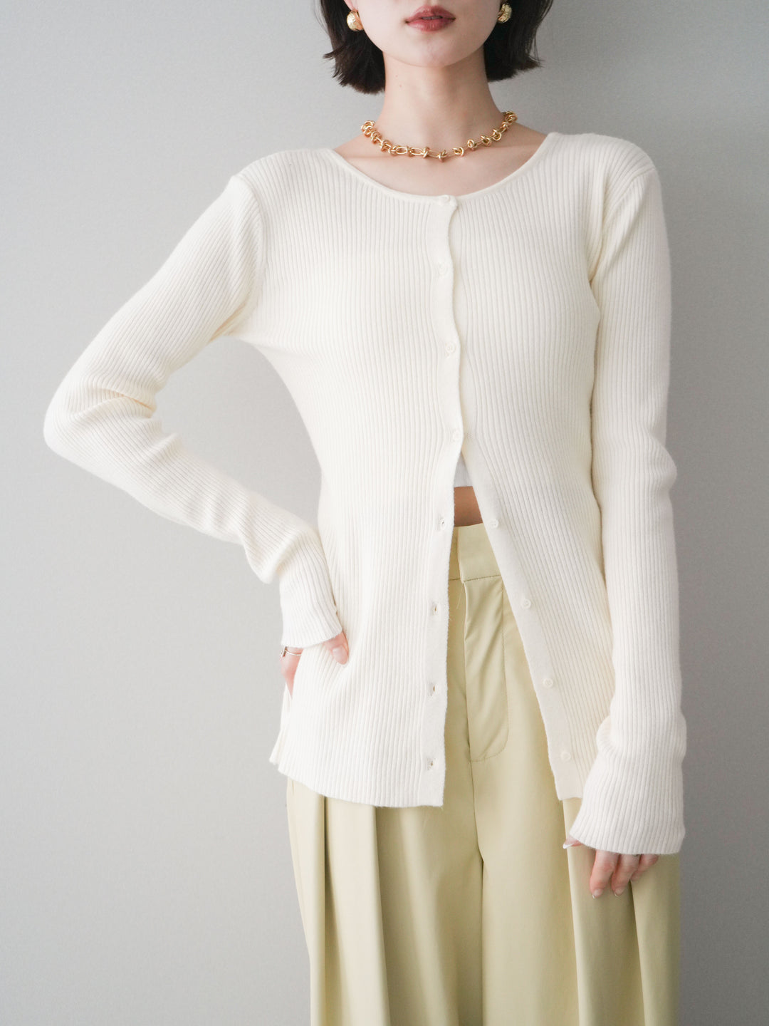 [予約]前後2WAYリブ編みクルーネックカーディガン/ivory