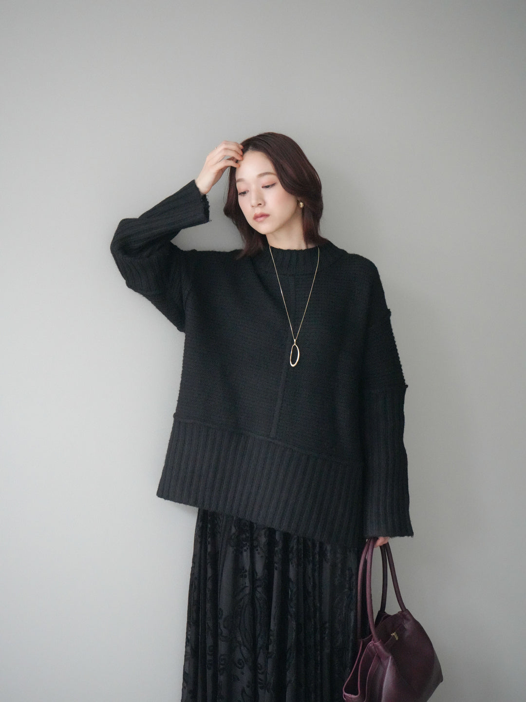 [SET]編み地切替ボトルネックニットプルオーバー+アンティーク柄フロッキーマキシスカート(2set)