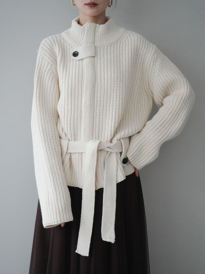 [SET]畦編みボトルネックZIPニットカーディガン+選べるアクセセット(2set)