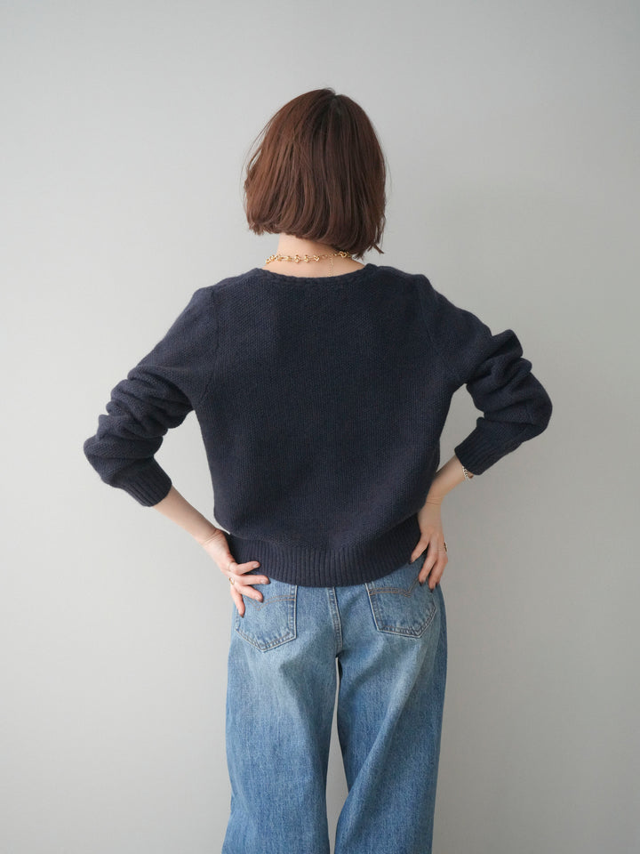 [予約]編みこみアンティークボタンニットカーディガン/navy