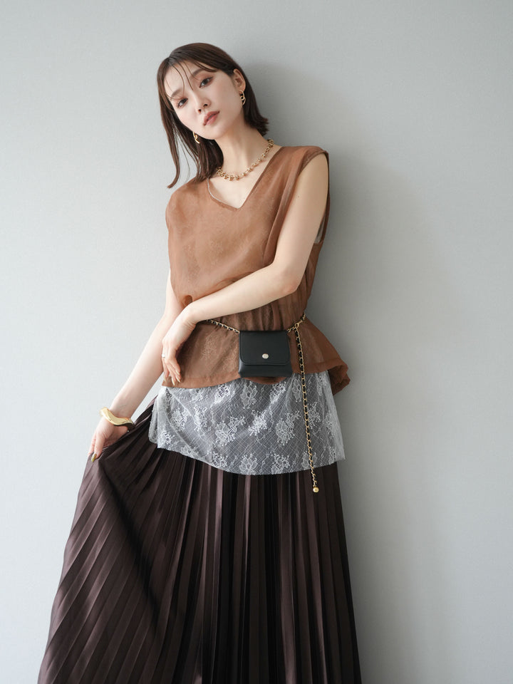 [予約]レースレイヤードオーガンジートップス/ブラウン