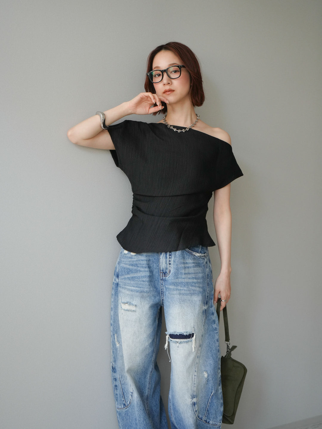 [予約]クレープアシンメトリーギャザートップス/black