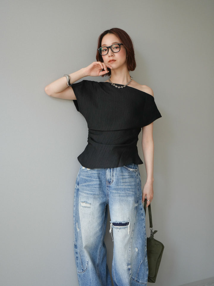 [予約]クレープアシンメトリーギャザートップス/black