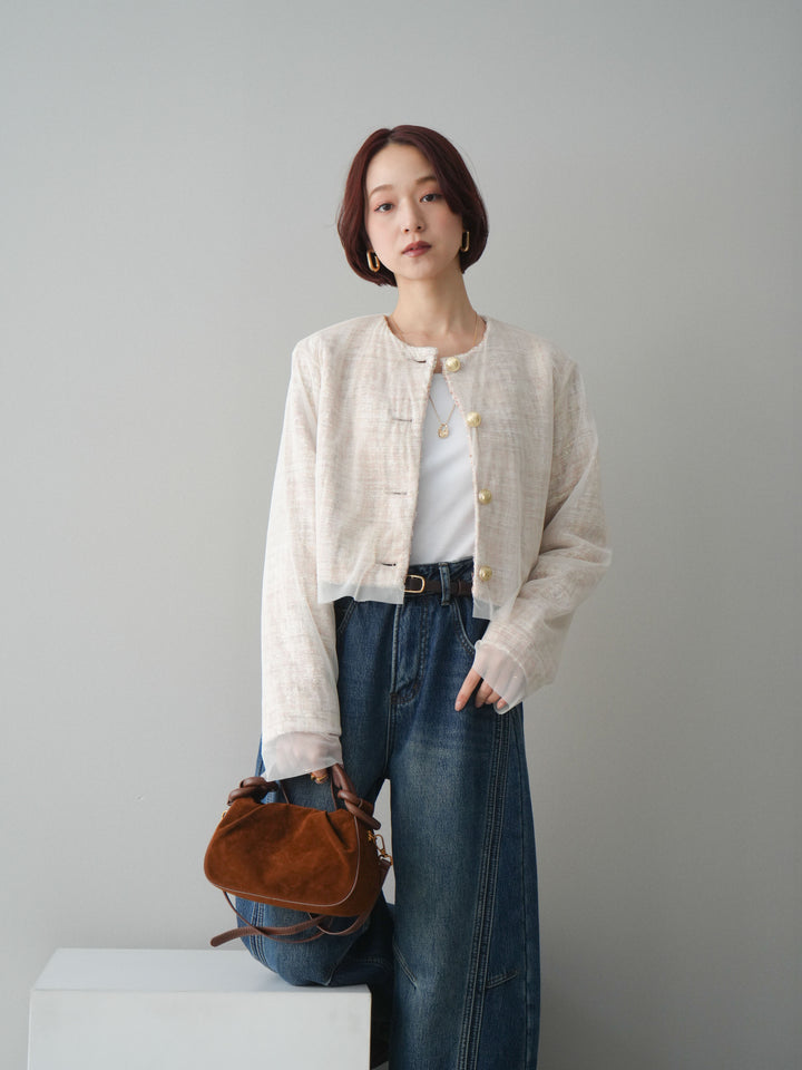 [予約]チュールレイヤードツイードクロップドジャケット/orange