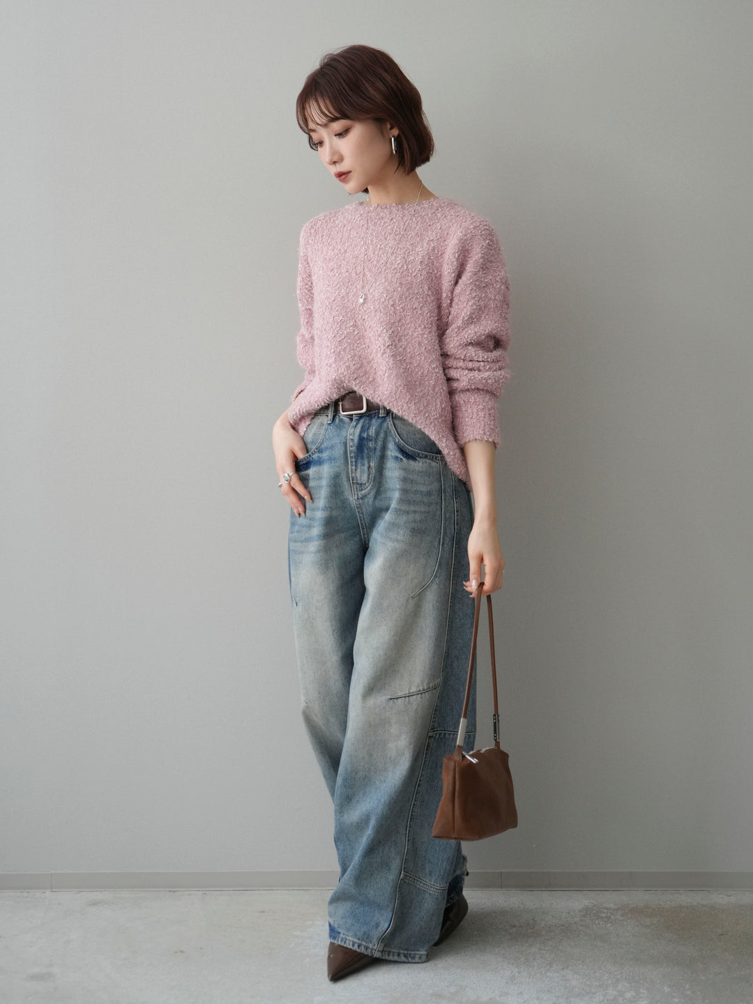[SET]モールラメミックスヤーンニットプルオーバー+ベルト付カーブデニムパンツ(2set)