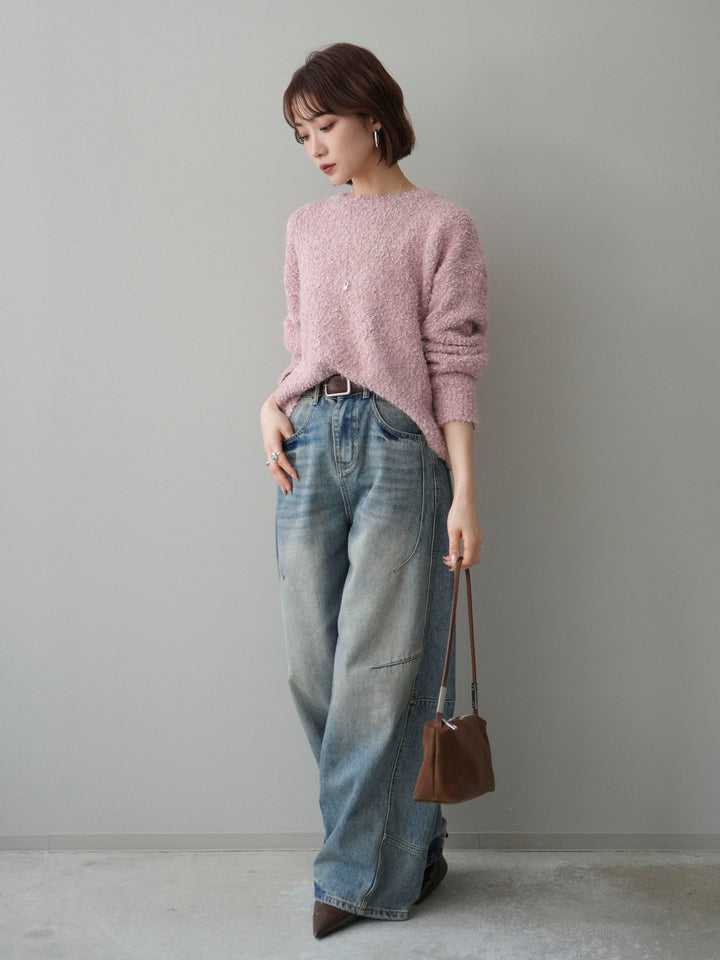 [SET]モールラメミックスヤーンニットプルオーバー+ベルト付カーブデニムパンツ(2set)