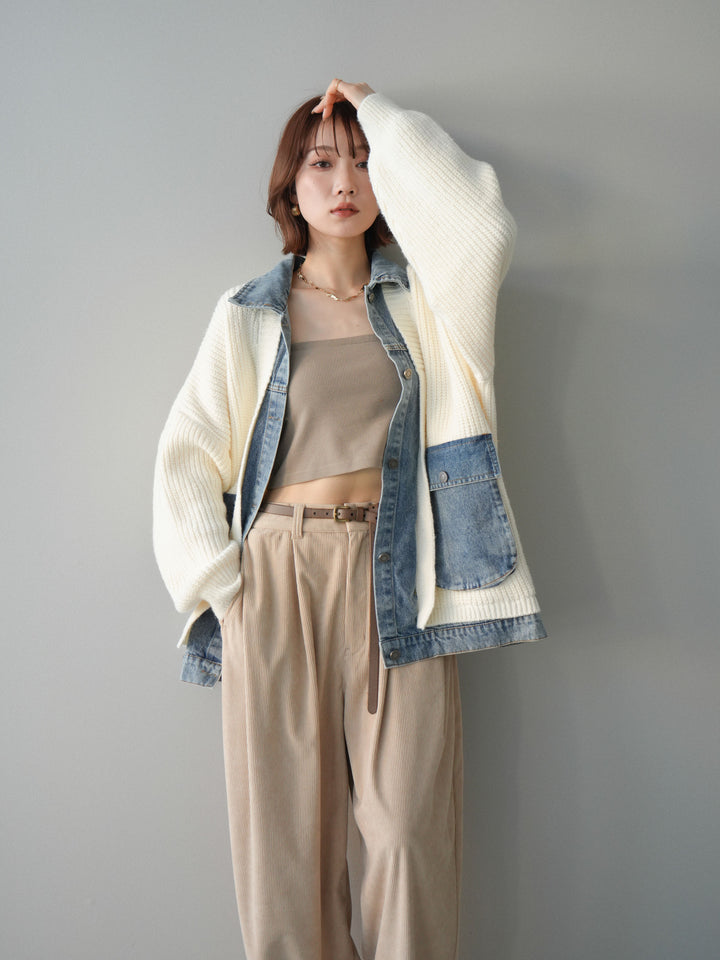 [SET]デニムドッキングオーバーニットジャケット+コーデュロイサイドタックコクーンパンツ(2set)