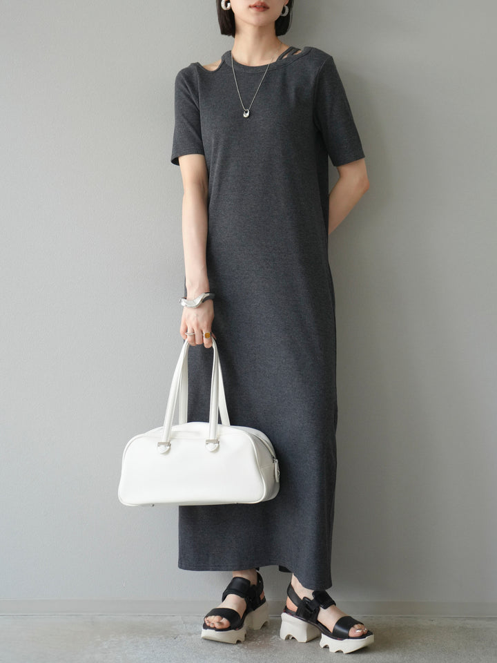 [予約]デザインネックカットリブワンピース/チャコール