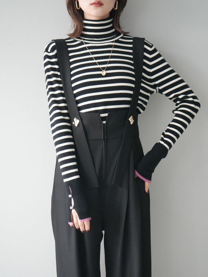[SET]袖配色ハイネックボーダーリブニットトップス+選べるアクセセット(2set)